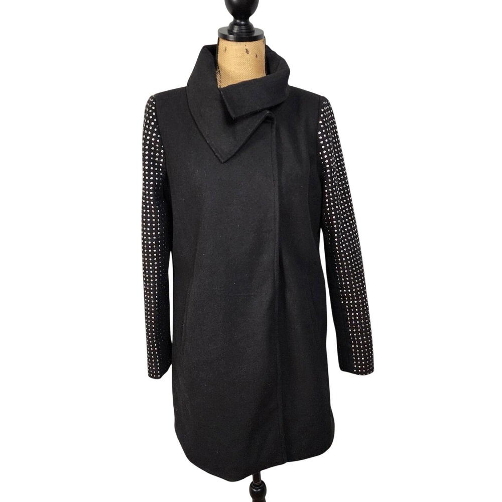 Vtg JOUJOU Size Lrg Black Winter Coat Silver Studded Red Lining Edgy Punk Gothic